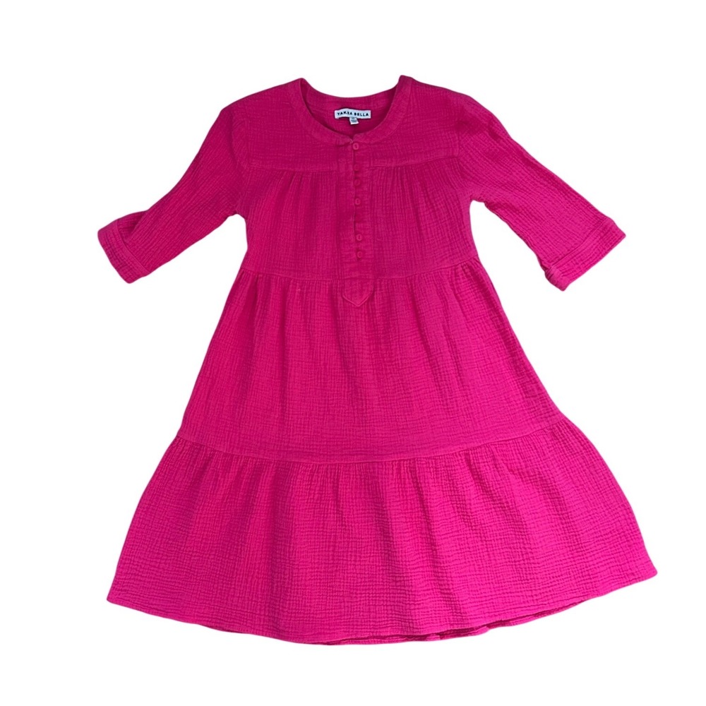 Yakira Bella Hot Pink Cotton Gauze Tiered Boho Midi Dress XS girly coquette